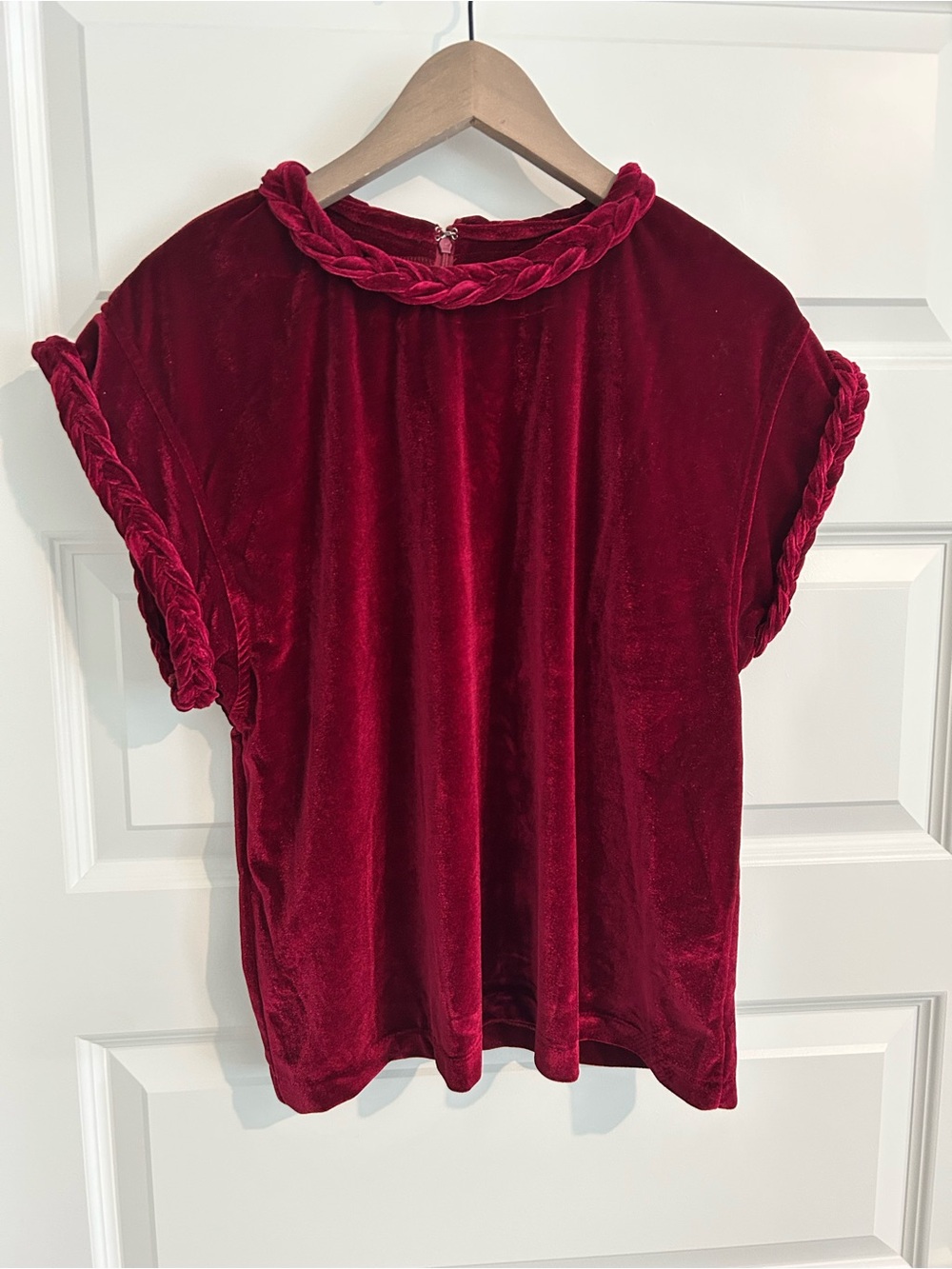 Entro Red Velvet Top with Braided Trim Size S